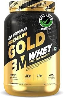 Bigmuscles Nutrition Premium Gold Whey [1Kg] | Informed Choice UK Certified | Isolate Whey Protein Blend | 25g Protein | 11g EAA | ProHydrolase Enzyme Technology [Strawberry Milkshake]