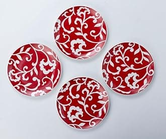 GOLDEN QUEEN'S Snack Plates Set of 4 | Perfect for Small Bites, Desserts, Appetizers, Salads, Tapas, Cheese Boards | 7 inches Wide | Microwave Safe - Red & White Floral