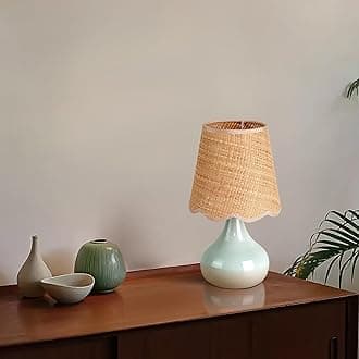 Light Blue Boho Small Table Lamp for Small Spaces, Small Rattan Shade Bedside Lamp for Bedroom, Cute Nightstand Light for Bedside, Kitchen Counter, Bookshelf Lamp, Home Office, Living Room, Dorm