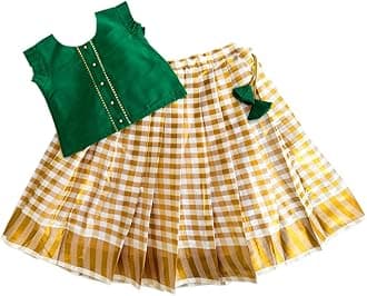 Stanwells Kids Lehenga Choli for Girls Check Cotton Silk Handloom Traditional Dress Ethnic Wear for Baby Girls Readymade Kids Lehenga for Girls Kerala South Indian Pattu Pavadai