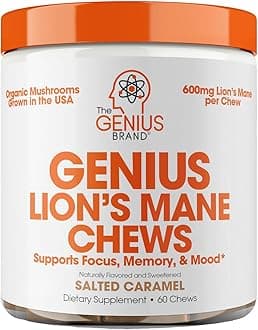 The Genius Brand Genius Lion's Mane Chews - Plant-Based Supplement for Memory, Focus & Mood Support - Organic & Non-GMO - Salted Caramel - 60 Chews