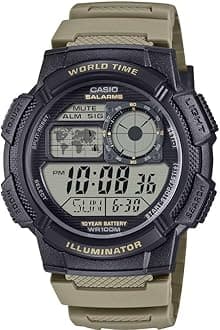 AE-1000W Series | Black/Tan | 10-Year Battery | World Time | Daily Alarm | Digital Illuminator Watch, Black | Tan