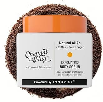 Chemist At Play Exfoliating Body Scrub For Removing Tan & Dead Skin Cells Rough Bumpy Skin, Tanned Pigmented Smooth, Soft Bright Natural Ahas Coffee Men Women 75Gm