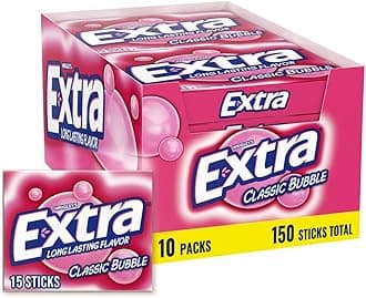 Extra Classic Bubble Gum Sugarfree Bulk, Individually Wrapped, perfect for Fresh Breath and Sharing at School, Work & Travel, 15 Ct, 10 Pack