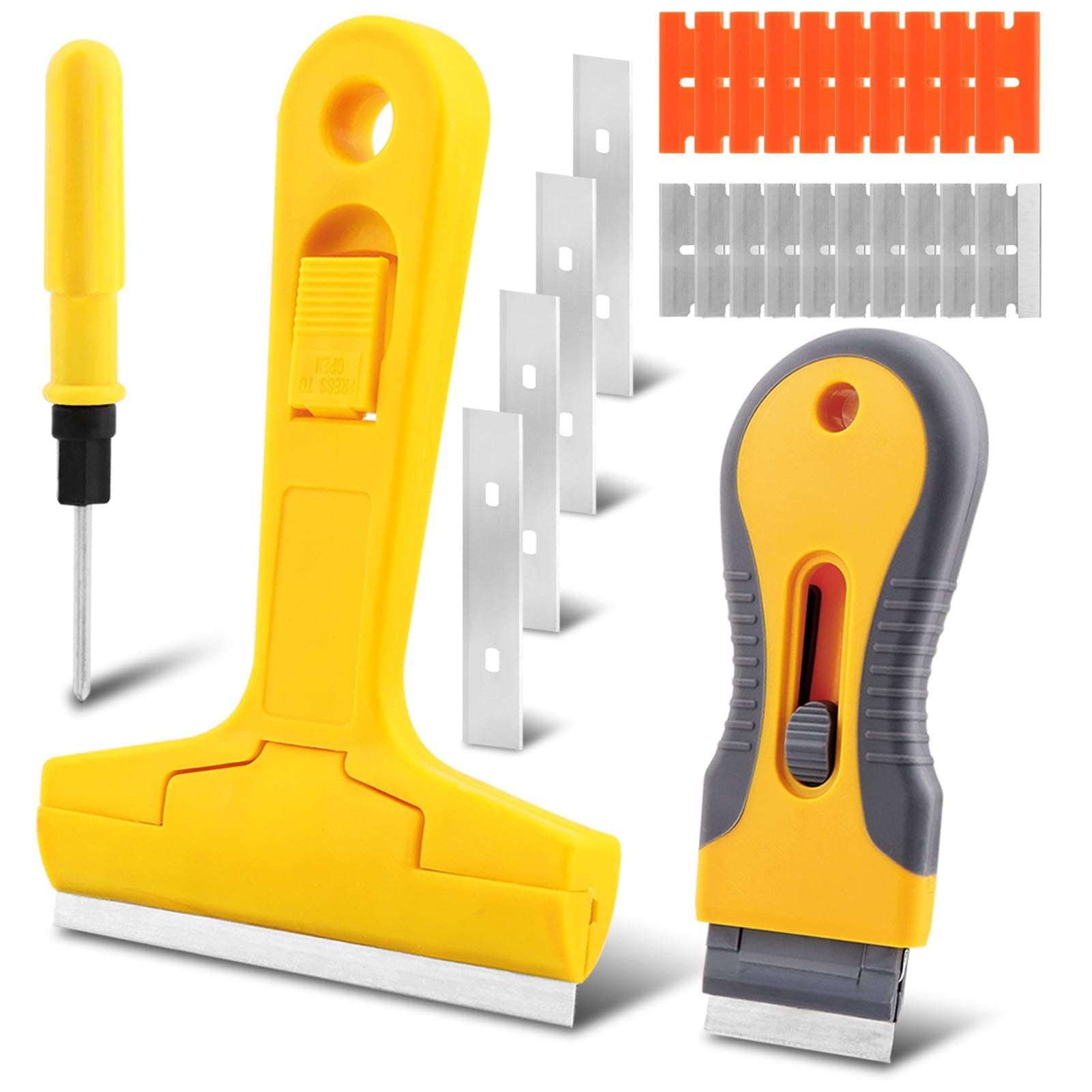Razor Blade Scraper Tool, 28PCS Multi-Purpose Razor Blade Scraper Set with Screwdriver for Removing Sticker, Glue, Paint, Labels, Adhesives on Window Glass Floor Door
