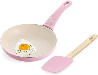 Soft Grip 8” Frypan Skillet and Spatula Breakfast Cookware Set, PFAS-Free Ceramic Nonstick, Silicon Spatula with Bamboo Handle, Egg Omelette Bacon, Dishwasher Safe, Stay-Cool Handles, Pink