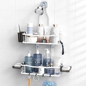 Hanging Shower Caddy Bathroom Organizer: Rustproof Shower Shelf Racks Over Shower Head - No Drilling Inside Bath Shower Rack Shelves Over Showerhead for Shampoo with Soap Holder White