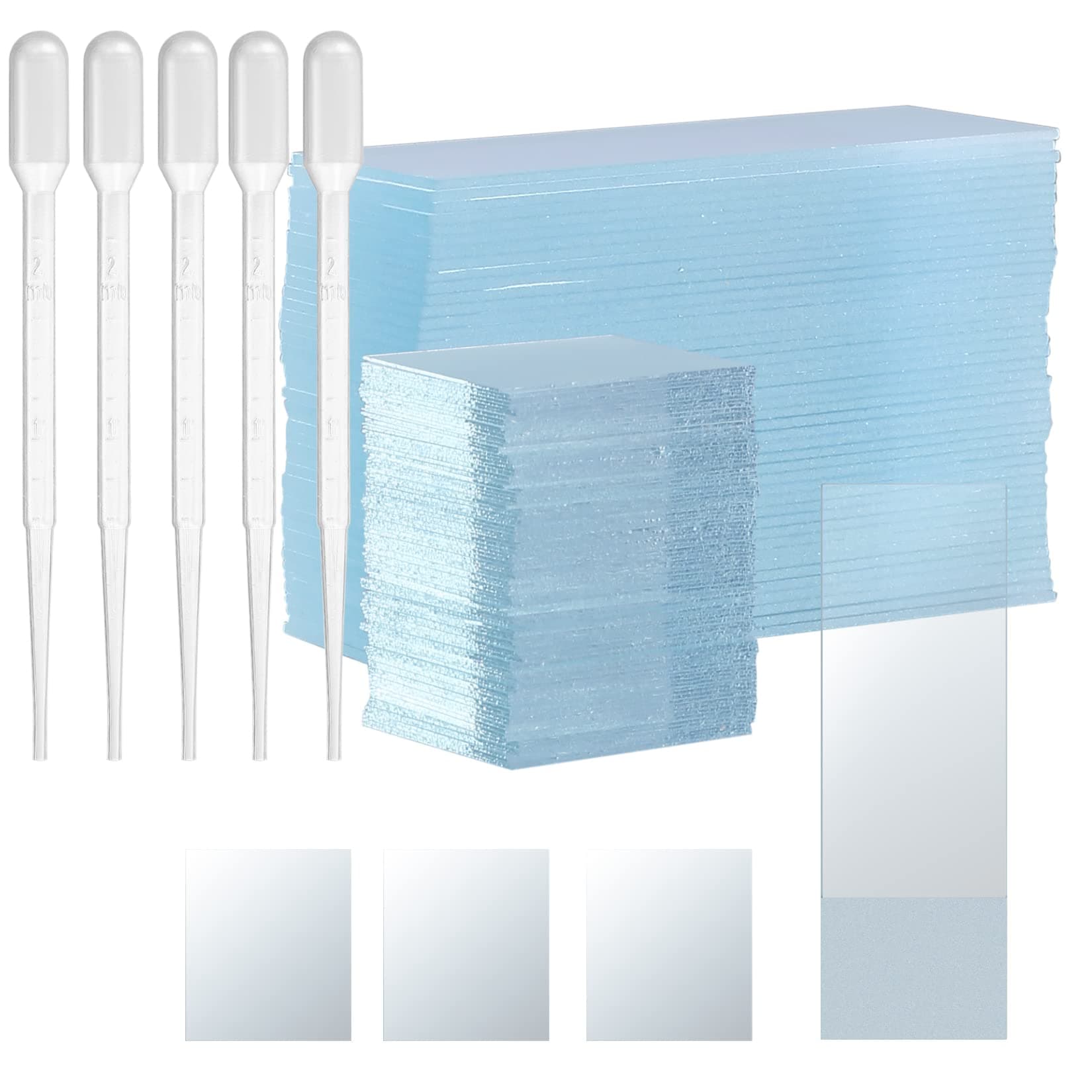Microscope Slides and Cover Slips - 50 Prepared Sample Slides, 100 Pre Cleaned Cover Glasses, 5 Pcs 2ml Plastic Droppers