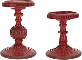 SOFFEE DESIGN 2 Pcs Antique Resin Pillar Candle Holder Sets, Vintage Cylindrical Candlestick Stand Home Decor for Dining, Living Room, Mantel, Table Centerpiece, Retro Red Candleholder Decor