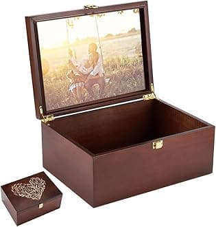 Larger Wooden Memory Keepsake Box with Hinged Lid & 8x10 Photo Frame Inside Lid – Decorative Storage Box With a Hinge Lids for Pictures, Letters & Time Capsule – Wooden Gift Box, 5.3” x 8.6” x 11.7”