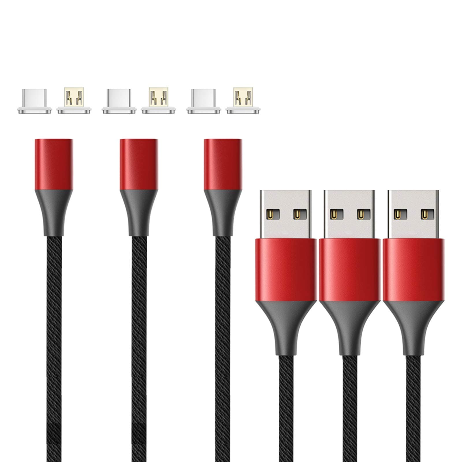 NetDotGen10 Micro USB and USB-C Nylon Braided Magnetic Fast Charging Cable with Side LED Compatible with Android Device(3.3ft/3 Pack red)