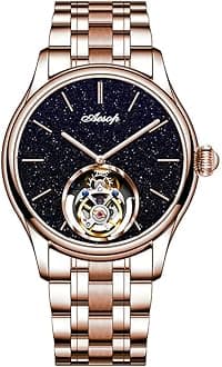 Aesop Classic Tourbillon Men Watch Sand Stone Dial Mechanical Tourbillon Movement Manual Analog Wristwatches Sapphire Waterproof Dress Business Watch for Men with Leather Strap 7050