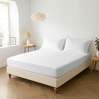 Pizuna Percale Fitted Sheet Double 140x200 cm with 2 Pillowcases, White, 100% Long Staple Cotton, Crisp Percale Weave, 40 cm Deep Fitted Sheets Double Bed