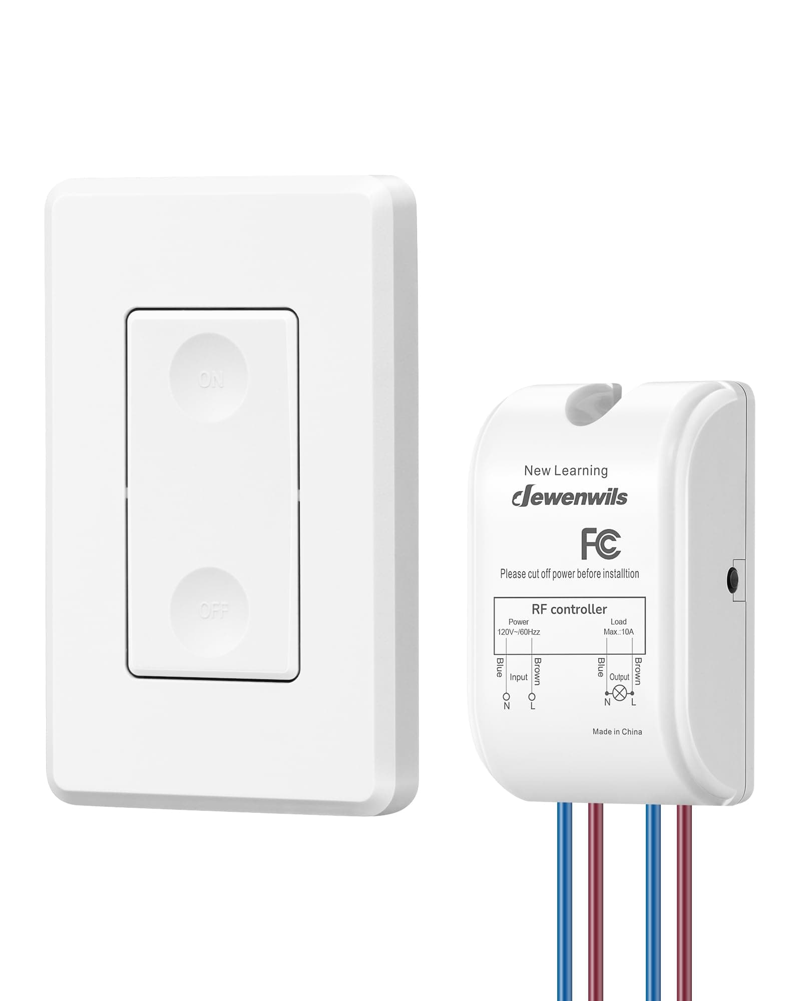 Wireless Light Switch Kit - No Wiring, 10A/1000W, 100 Ft RF Range, Remote Control for Ceiling Lights, Fans, Lamps
