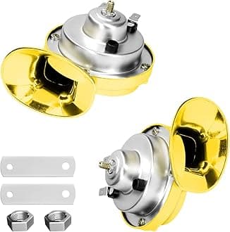 2PCS 300DB Super Loud Train Horns, 12V Waterproof Air Horns Replacement Kit, Car Air Electric Snail Double Horn, Automotive Accessories Universal for Motorcycle, Truck, Bike, Boat (Gold)