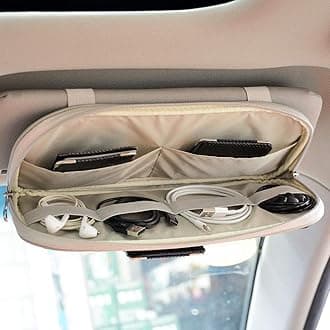 Da by Car Sun Visor Organizer, Multi-Pocket Visor Organizer Storage Pouch for Cars, SUVs & Trucks with Double Zippers, Elastic Bands & Glasses Clip- Organizes Essentials Keep Tidy (Beige Light Yellow)
