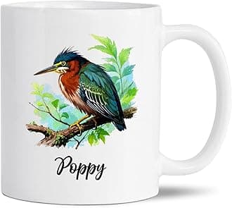 Personalized Green Heron Ceramic Mug, Bird Enthusiast Cup Gift, Customized Name Green Heron Bird Lovers White Coffee Mug 11Oz 15Oz, Birds Watercolor Mugs, Herons Travel Cup Gifts For Men Women