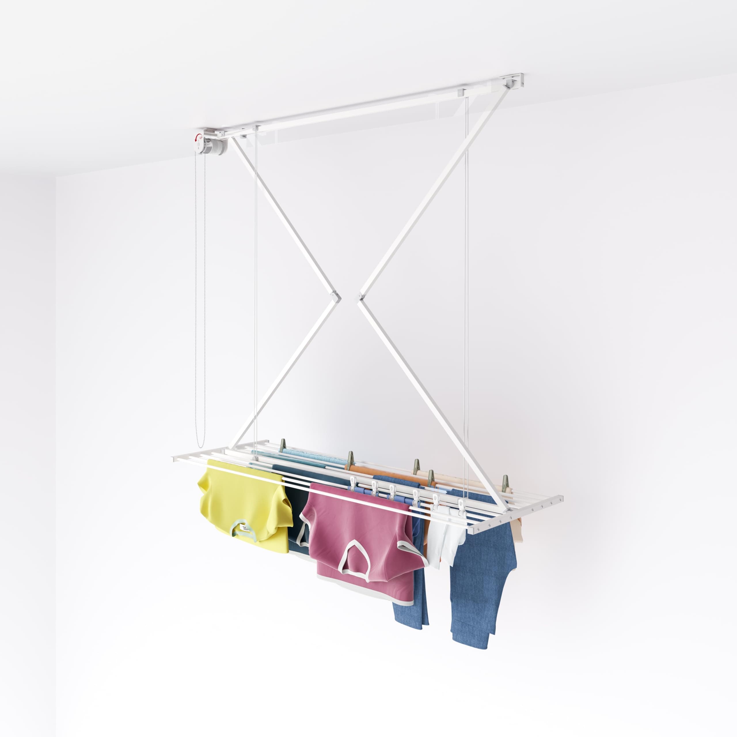 foxydry Mini, Space-saving, foldable drying rack for ceiling mounting. (White, 150)