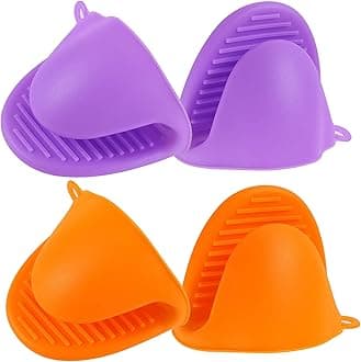 2 Pairs Mini Oven Gloves Silicone Heat Resistant Cooking Pinch Mitts Potholder for Kitchen Cooking & Baking (Purple and Orange)
