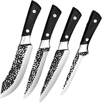 Hand Forged Butcher Knife Set - Chef Knife, Meat Cleaver Knife, Boning Knife, Butcher Knife, Carbon Stainless Steel Meat Cutting Knife for Home Kitchen(Pack of 4) Black