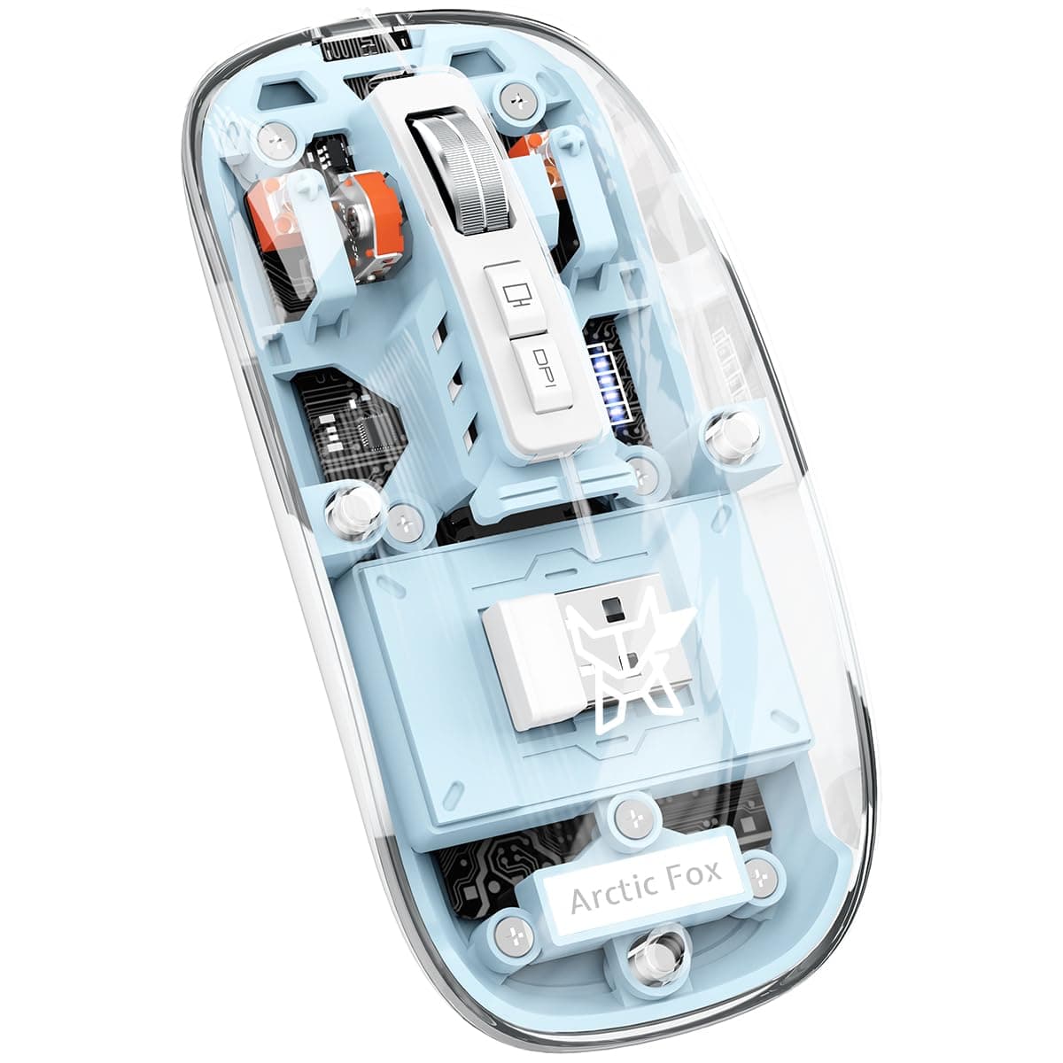 - Arctic Fox Pureview Transparent Wireless and Bluetooth Rechargeable Mouse, USB Receiver,LED Battery Magic Silm for Office/PC/Mac/Laptop/Apple/ipad(Space Blue)