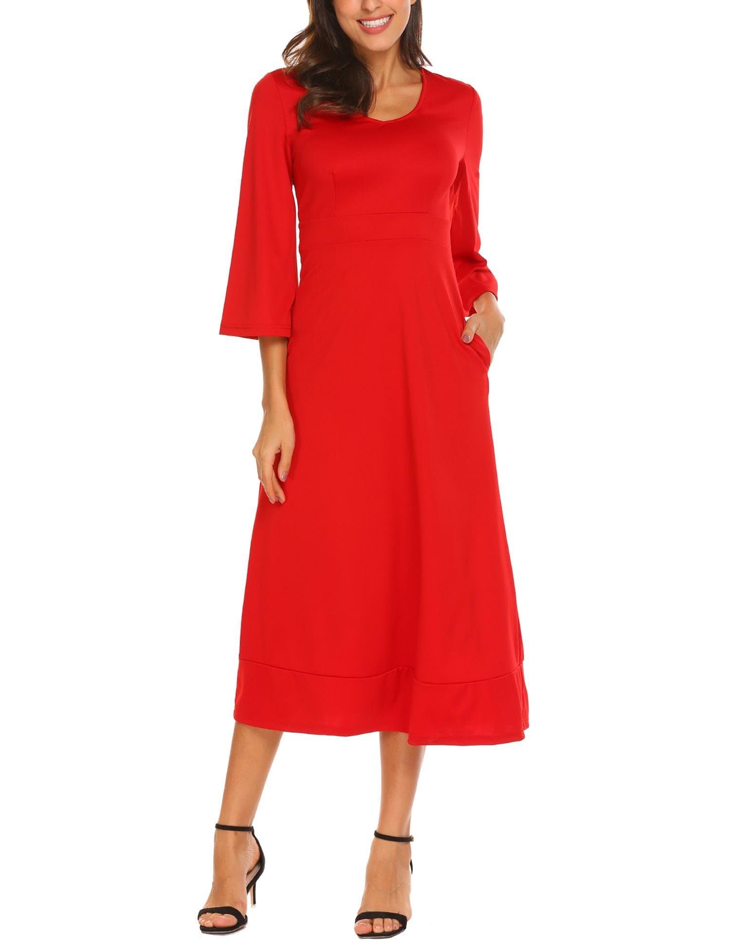 Hersife Women Deep V Neck Solid Half Sleeve Midi Party Dress with Pocket Red M