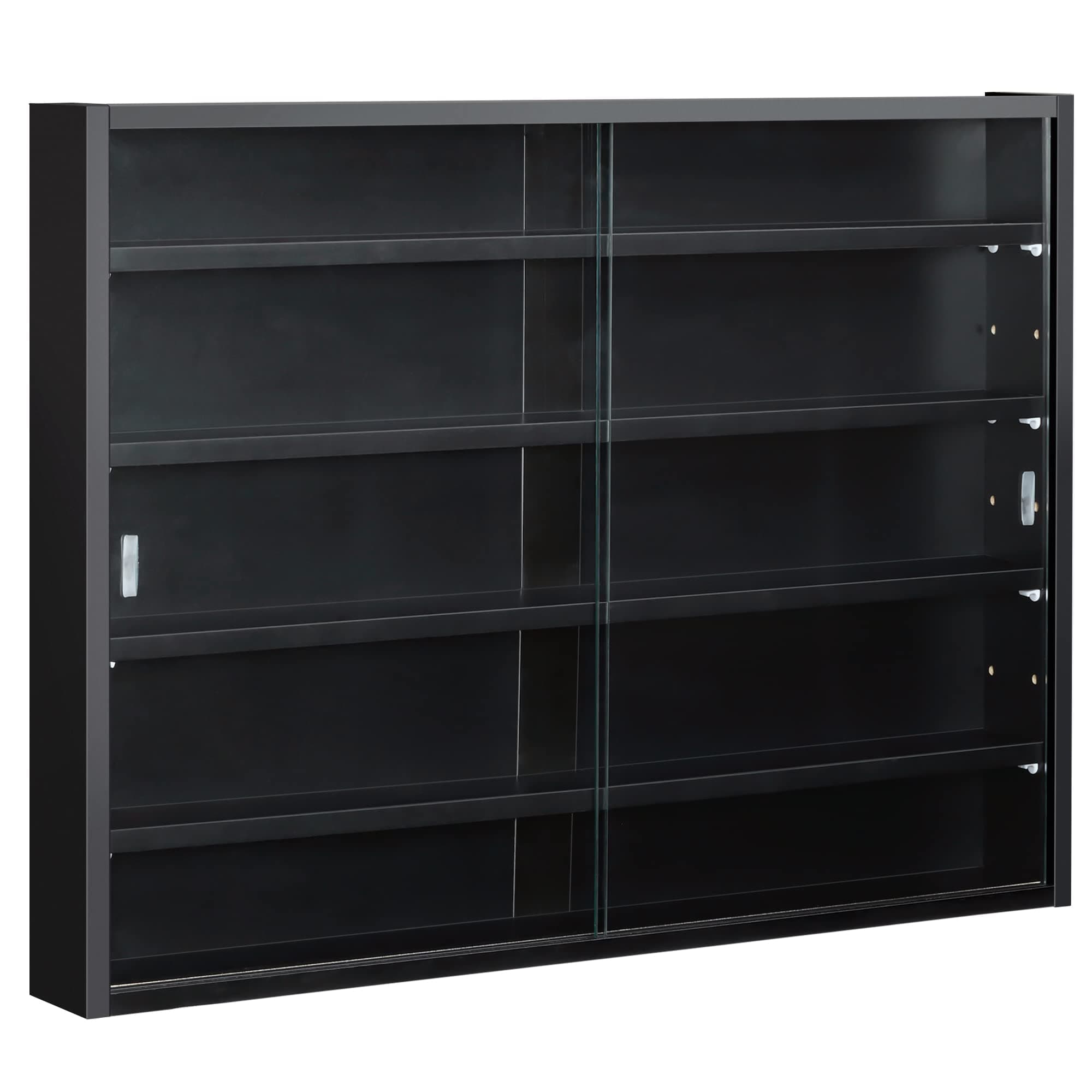 5-Tier Wall Display Shelf Unit Cabinet w/ 4 Adjustable Shelves Glass Doors Home Office Ornaments 60x80cm Black
