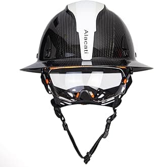 Carbon Fiber Hard Hat Full Brim with Goggles- Safety Helmet with 6-Point Adjustable Ratchet Suspension- ANSI Z89.1 Compliant
