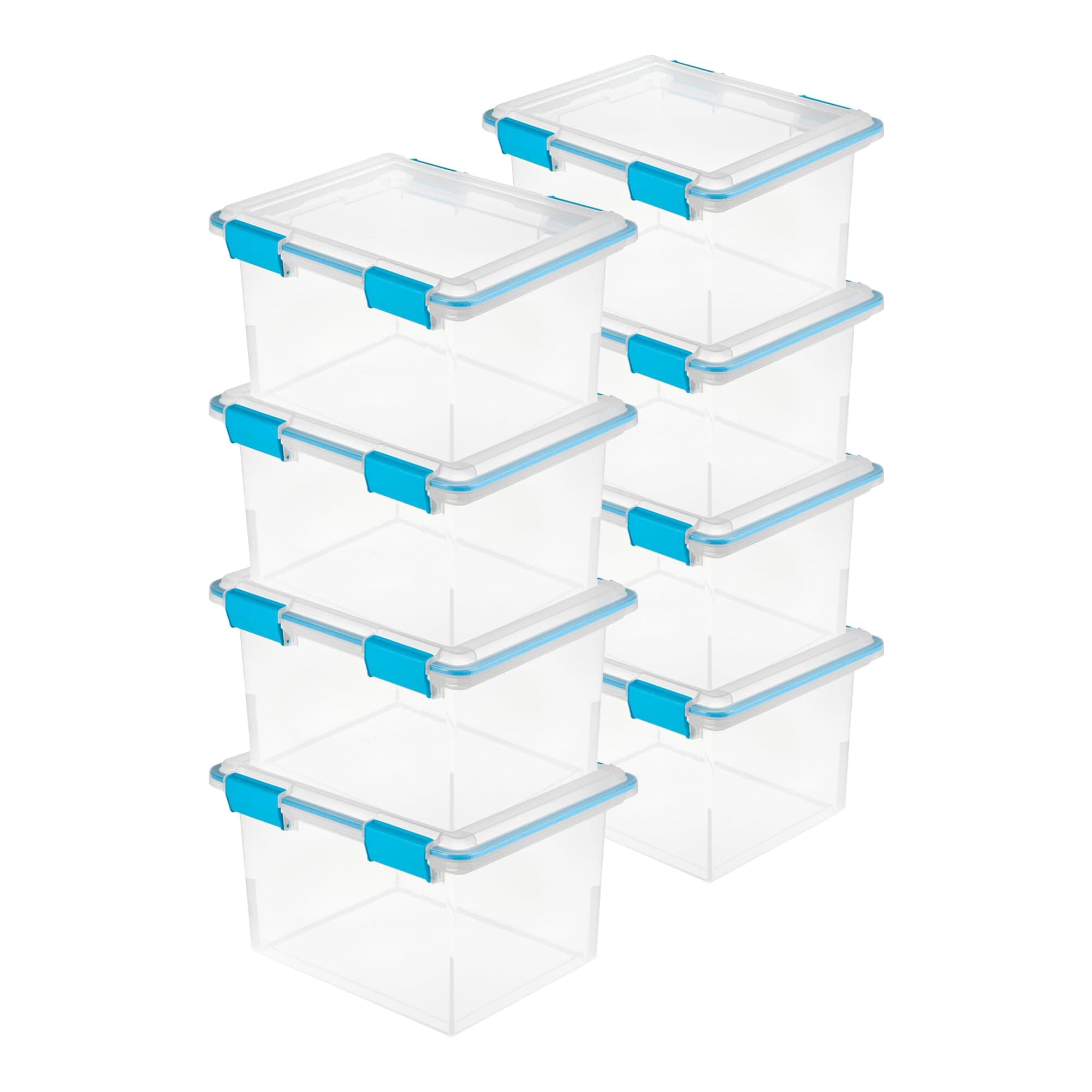 Sterilite 32 Qt Gasket Box, Stackable Storage Bin with Latching Lid and Tight Seal, Plastic Container to Organize Basement, Clear Base and Lid, 8-Pack