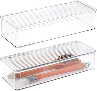 mDesignLong Plastic Kitchen Pantry/Fridge Storage Organizer Box Containers with Hinge Lid for Shelves or Cabinets, Holds Food, Snacks, Seasoning, Condiments, Flatware, Utensils, 2 Pack, Clear