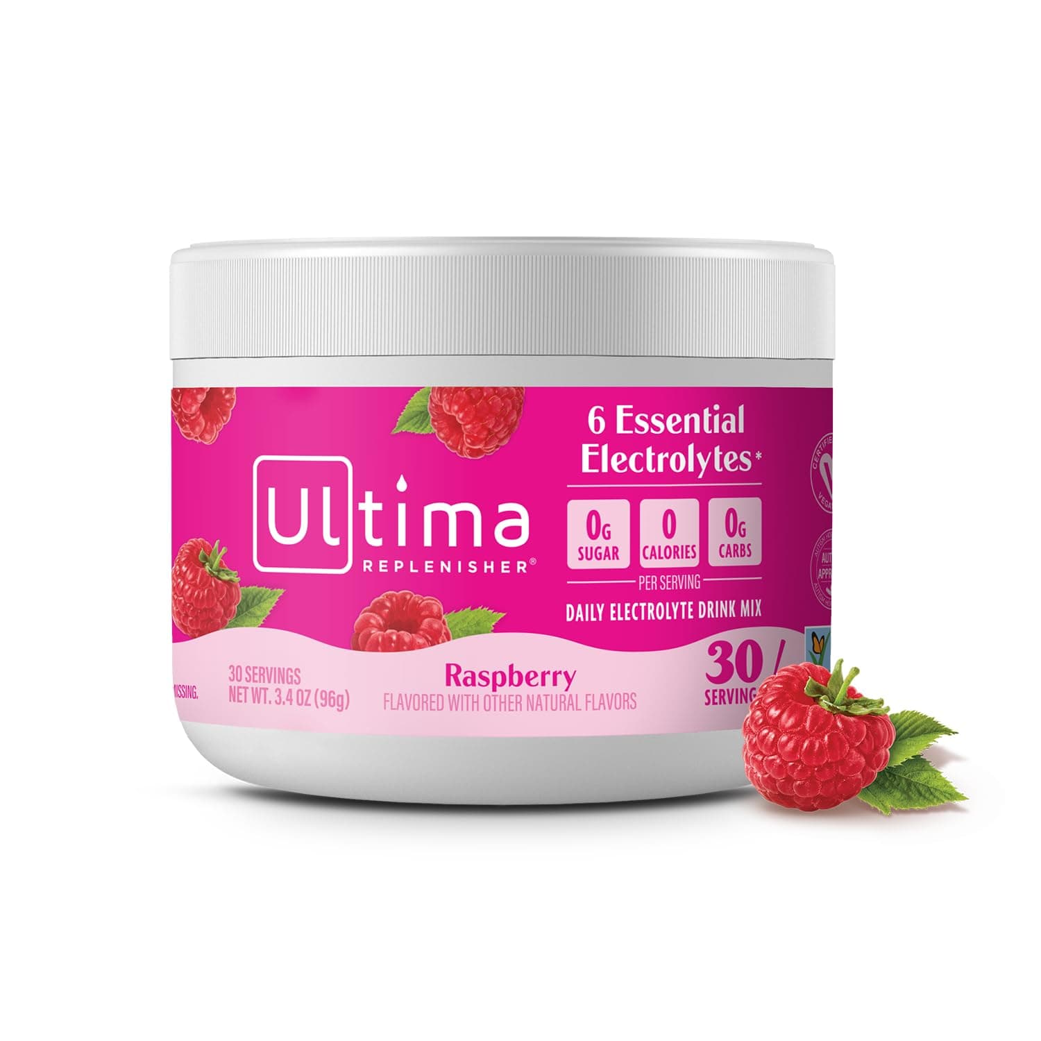 Ultima Replenisher Electrolyte Hydration Powder, Raspberry, 30 Serving Canister - Sugar Free, 0 Calories, 0 Carbs - Gluten-Free, Keto, Non-GMO with Magnesium, Potassium, Calcium