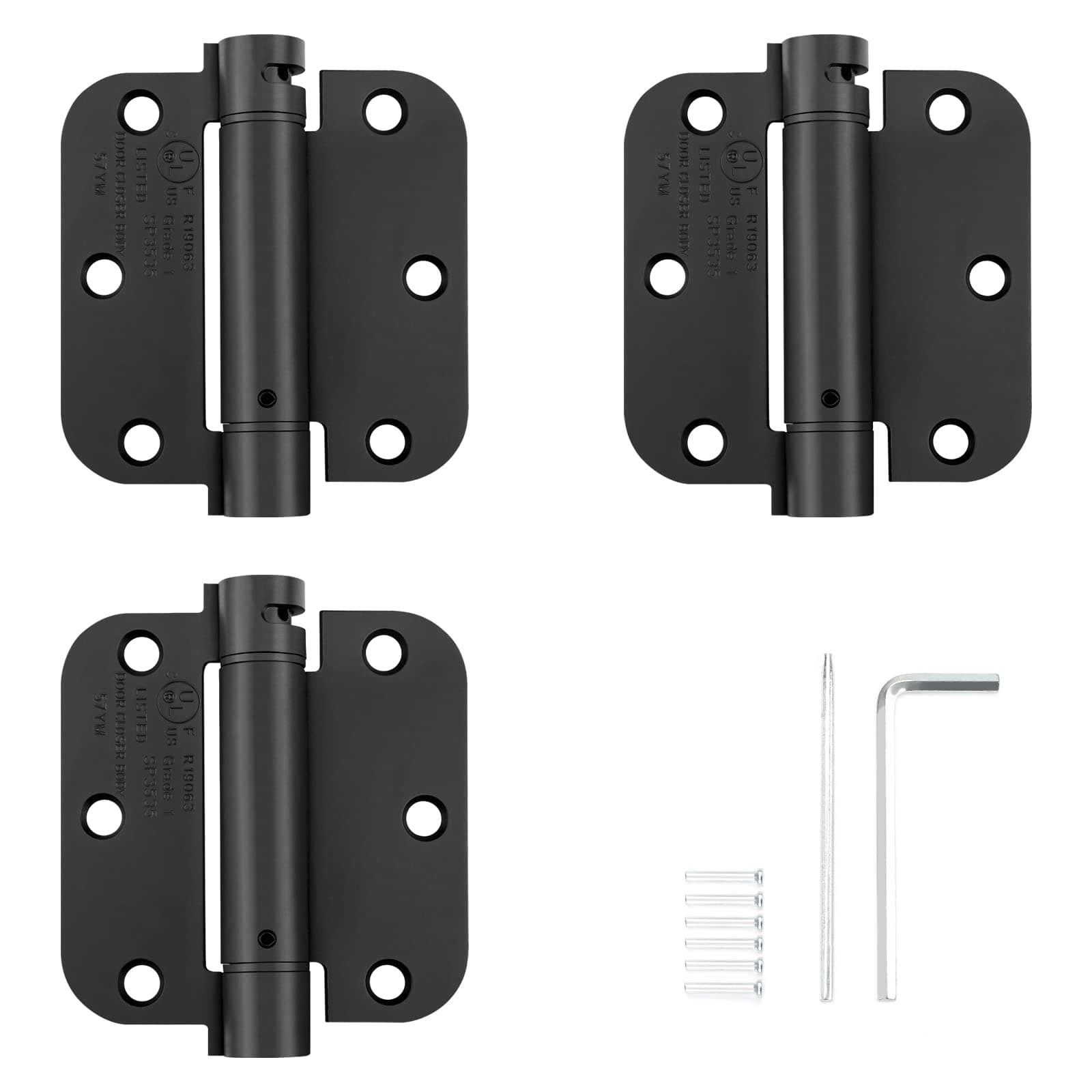 3 Pack Haliwu/Self Closing Door Hinges, Spring Hinges Black Door Hinges 3.5 inch with 5/8" Radius Corners