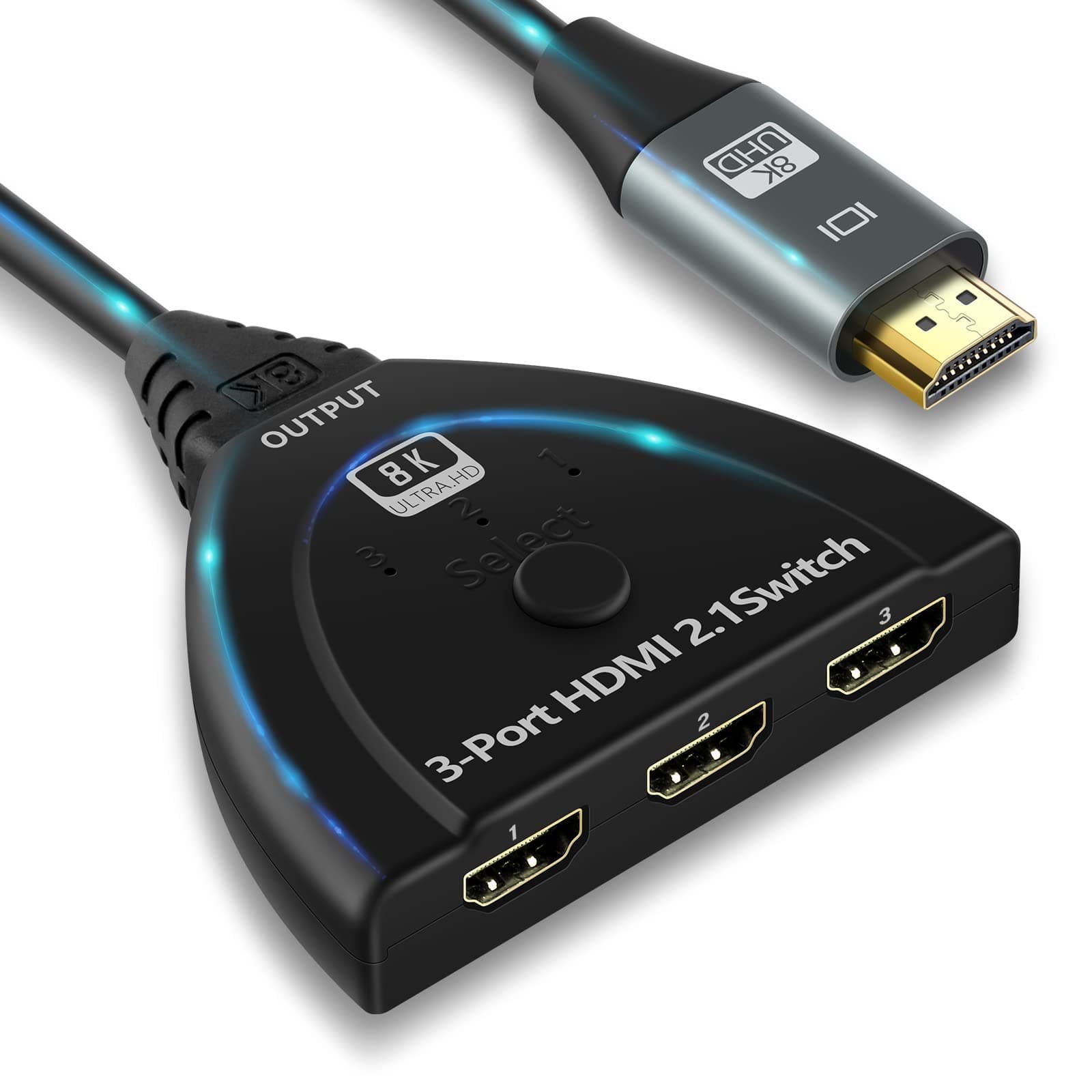 8K HDMI Switch, NewBEP HDMI Switcher Selector Box 3 in 1 Out with Pigtail Cable,3-Port HDMI Hub Supports 48Gbps 8K@60Hz, 4K@120Hz, HDR 10,HDCP 2.3 Compatible with PS4/5 Roku Xbox TV Monitor Projector