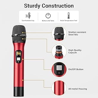 Wireless Microphone System with 4 x 5 Wireless Metal Channels, TONOR 4 Antennas for a UHF Range of 90 m, Mic with Stable Signal Transmission for Singing, Party, Church, Karaoke, Silver