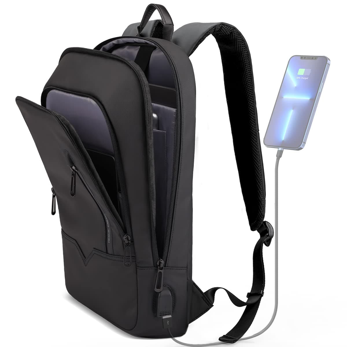 hk Backpack for Men Business Slim Backpack with USB Charger Computer Lightweight Anti-theft Travel, Black, 15.6 Inch, Daily