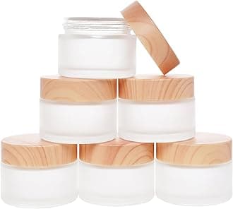 6Pcs Glass Cosmetic Containers with Wood Grain Lid Refillable Cosmetic Jar Frosted Glass Cream Container with Leak-proof Lid Empty Makeup Jar for Lotions,Creams,Scrub Cream,Home,Travel(15ml)