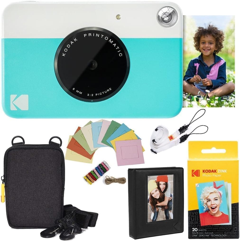 Printomatic Instant Camera (Blue) Deluxe Bundle + Zink Paper (20 Sheets) + Deluxe Case + Photo Album + Hanging Frames + Comfortable Neck Strap