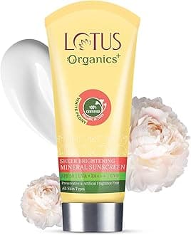 Lotus Organics+ Sheer Brightening Mineral Sunscreen | Non Greasy & Lightweight | SPF 50 | PA+++ | 100% Certified Organic White Peony | Fights Tanning & Pigmentation | All Skin Types | For Women & Men | 100g