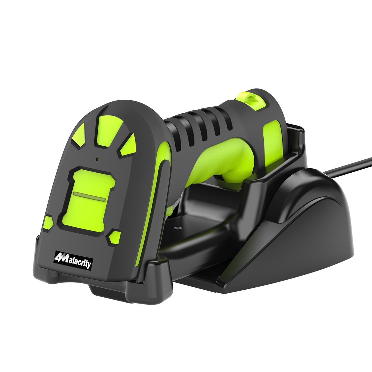 Upgraded 2D Industrial Barcode Scanner with Wireless Charging Stand, 1968 Feet Transmission Distance 433Mhz Wireless & Bluetooth 2in1 Barcode Reader, Shock Dust Proof Hands Free, Green