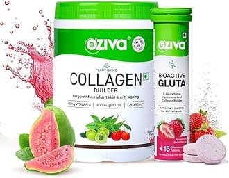 OZiva Vegan Collagen (Guava Glow) for Skin, Hair & Nails 200g And Bioactive Gluta Fizzy|L-Glutathione,Hyaluronic Acid,Astaxanthin,Lycopene|Strawberry,Powder