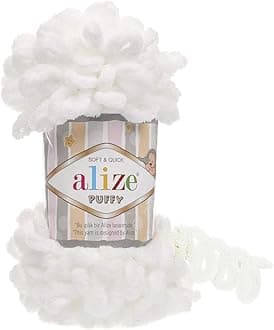 Alize Puffy Knitting Yarn 100 g, Patented Innovation, Loop Knitting without Needles, Colour: 55 White