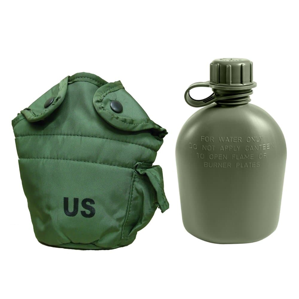 Previously Issued U.S. G.I. 1 Quart Olive Drab Military Canteen Nylon Cover with Never Issued 1 Quart Olive Drab Canteen