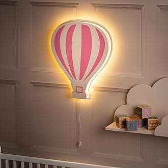 Marco Paul Pink Hot Air Balloon Wooden White LED Night Light ‎Battery Powered Night Light Kids Room Decor Wall Lights Wall Mounted Nursery Bedside Lamp Baby Gifts Bedroom Decor Lighting