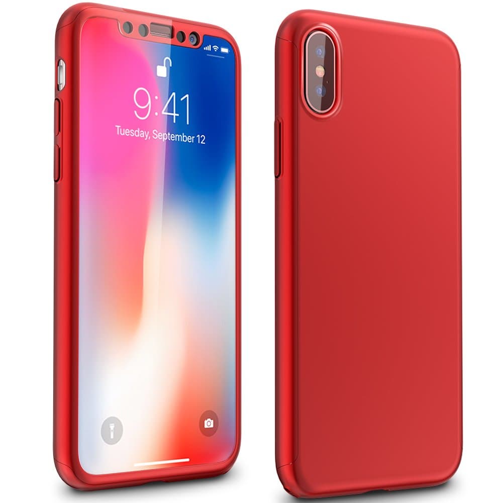 HOOGOOD iPhone X / 10 Case, Ultra Light Slim PC Material iPhone 10 Cover with 360 Degree All-inclusive, Fully Protective Phone Shell for 5.8 Inches Apple iPhone X, Bonus a Screen Protector (Red)