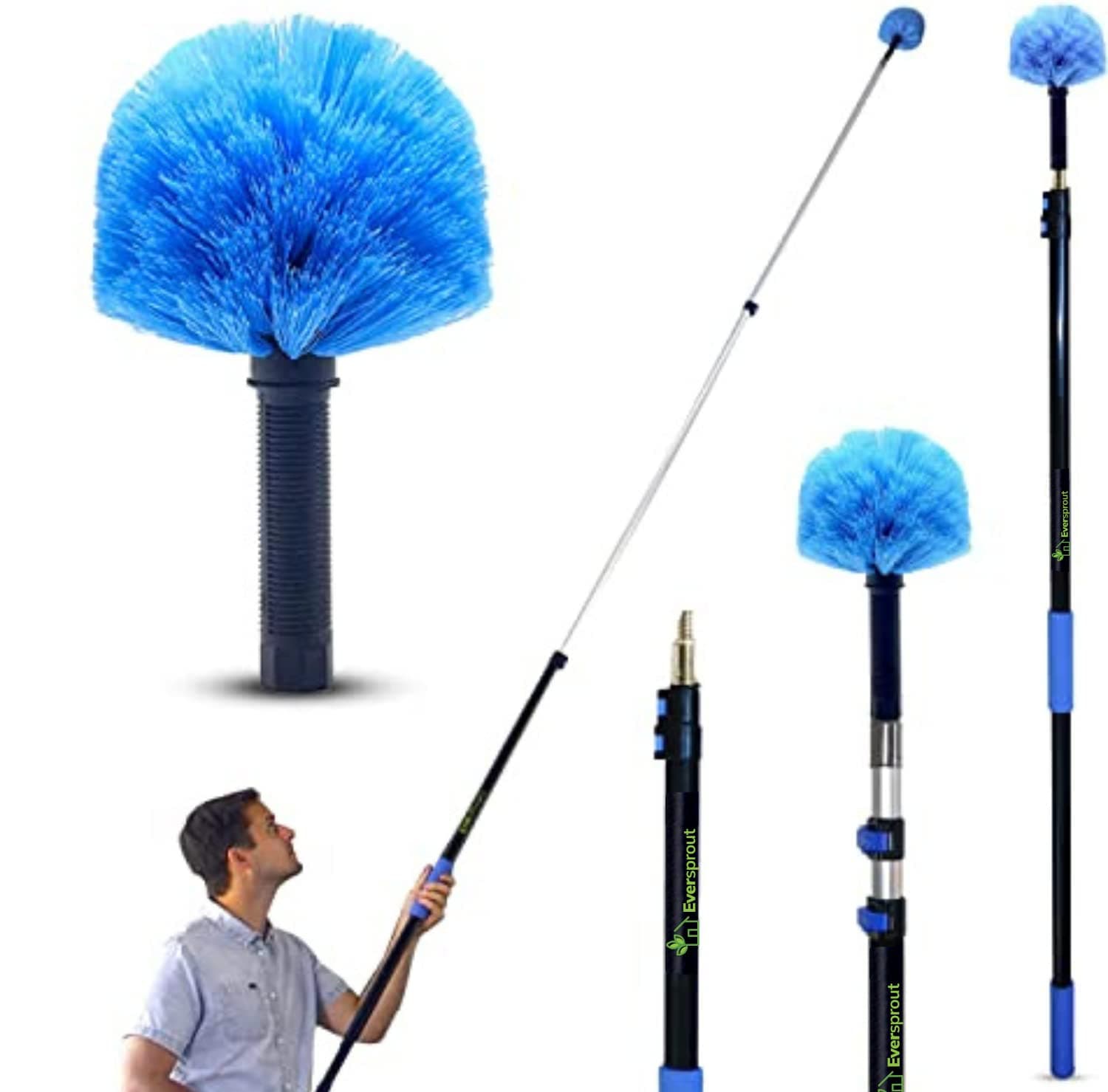 EVERSPROUT 5-to-12ft Telescoping Durable Duster with Extension Pole – Lightweight 3 Stage Cobweb Duster – Extendable to 20ft Reach for Cleaning High Ceilings and Spider Webs