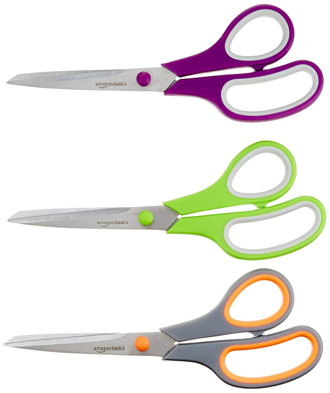 Multipurpose Stainless Steel Scissors for Office, Crafts, Right/Left Handed, Comfort Grip, PVD Coated, 3-Pack, Multicolor