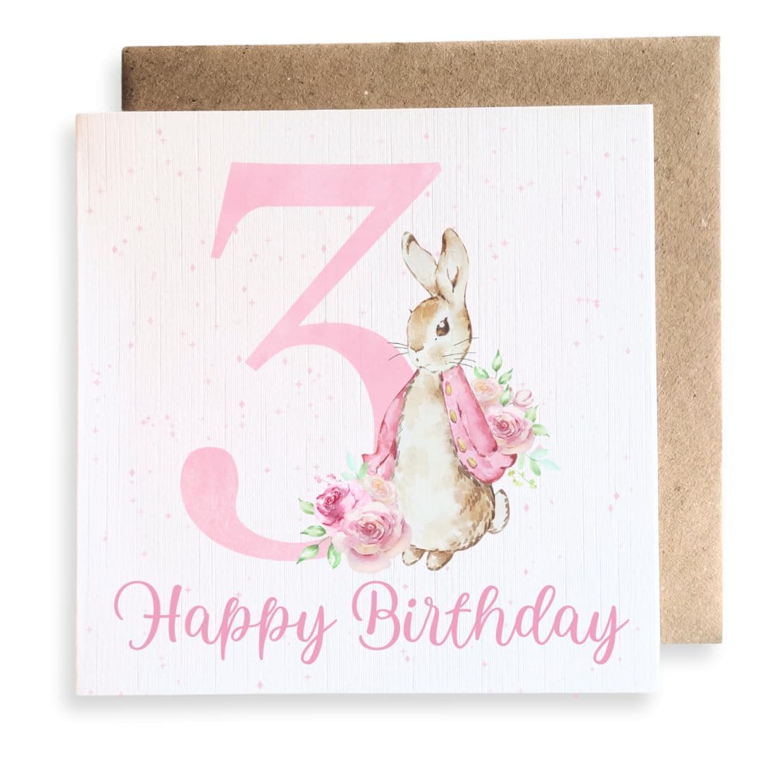 Second Ave Cute 3rd Birthday Age 3 Pink Bunny Rabbit Square Card Birthday Greeting Card for Girl