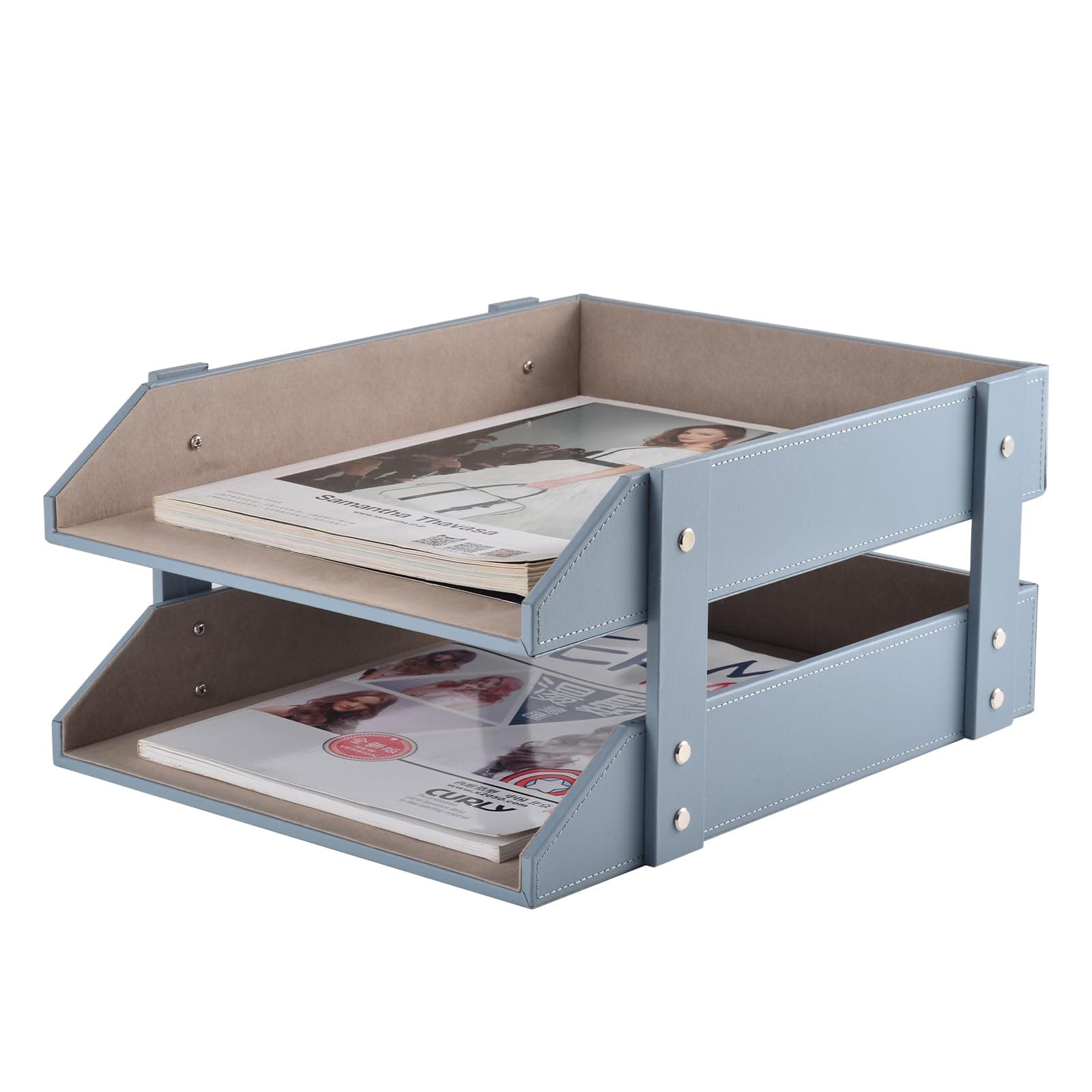 Leather Desk File Supply Organizer,Stackable Office File Document Tray for Files, Folder, Stationery, Magazine, Newspaper, Mail, Home Sundries Desktop Organization Holder(Grey)