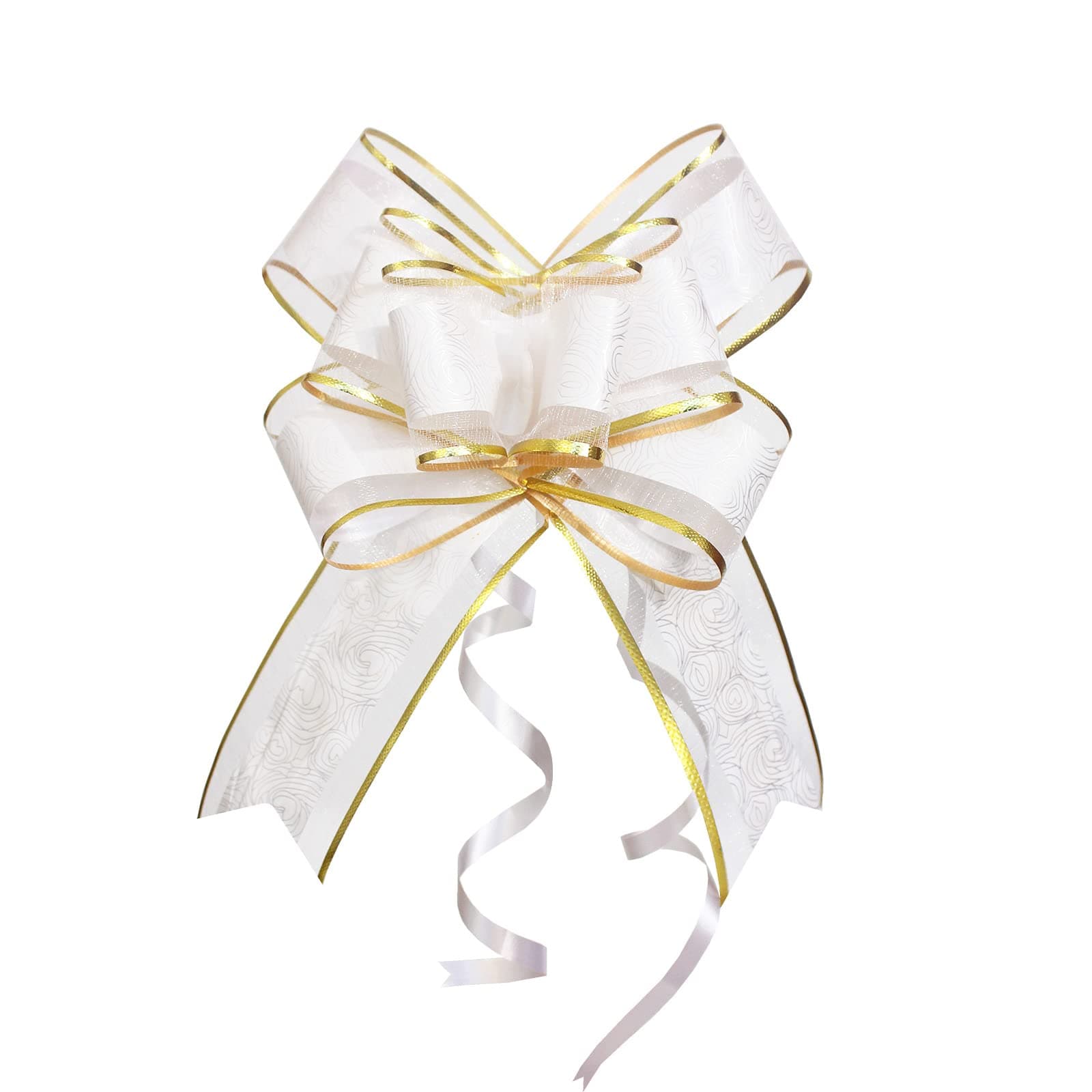 Pull Bows for Gift Wrapping, 15 PCS Large Gift Bow Bulk for Presents Package, Gift Baskets, Christmas, Wedding, and Party Decor (White with Tulle & Gold line, 6 inches)
