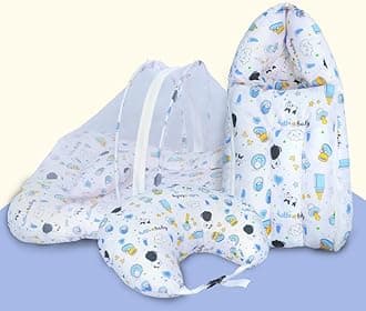 Baby Bedding Set, 3 Pcs Cotton Sleeping Essential|Baby Sleeping Bag|Mother Nursing Feeding Pillow|Mosquito Net Bed for 0-6 Months (Panda Blue)